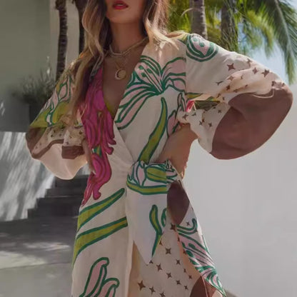 PALOMA | Maxi Zomerjurk met Botanische Print en Split – Boho Strandjurk Dames