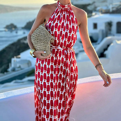 EMY | Zomerse Halter Maxi-Jurk Dames – Rood Printmodel met Split