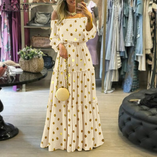 JORIEN | Off-Shoulder Maxi Jurk met Gouden Stippen – Elegant en Comfortabel