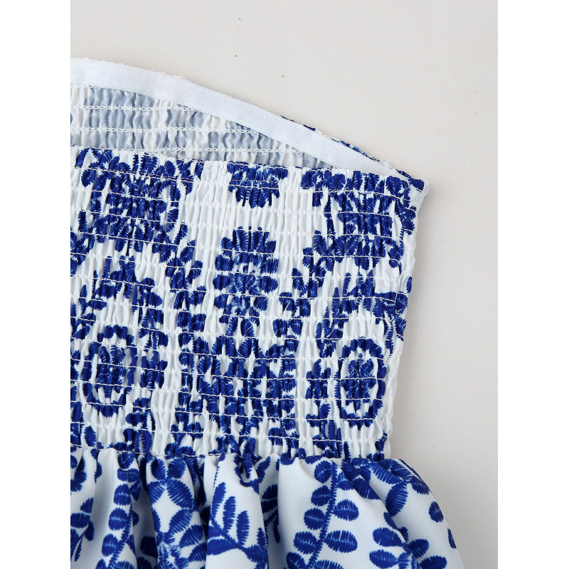 LONE | Strapless Dames Top met Blauwe Boho-Print – Luchtige Zomerse Eyecatcher