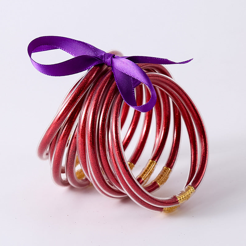 HOLLY | Set van 10 Glanzende Armbanden – Siliconen Glamour in Kleurenmix