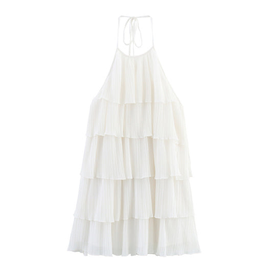CHANELLE | Plissé Halterjurk met Laagjes – Bohemian Chic in Wit