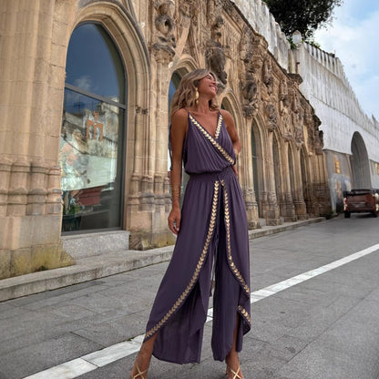 ZARAH | Bohemian Jumpsuit Dames met Goudgeborduurde Details en Split – Paarse Zomeroutfit