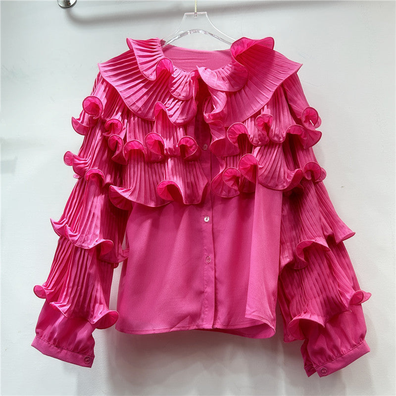 CAAT | Ruches Blouse met Plissé Mouwen – Statement Stijl in Felle Kleuren