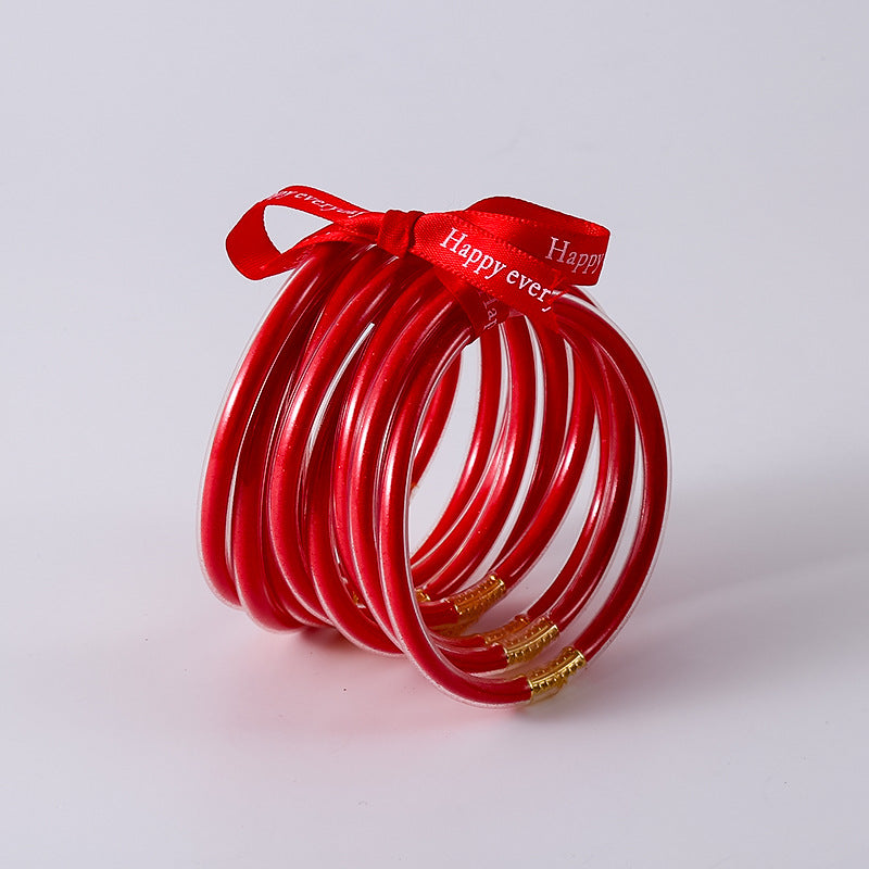 HOLLY | Set van 10 Glanzende Armbanden – Siliconen Glamour in Kleurenmix