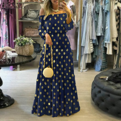JORIEN | Off-Shoulder Maxi Jurk met Gouden Stippen – Elegant en Comfortabel