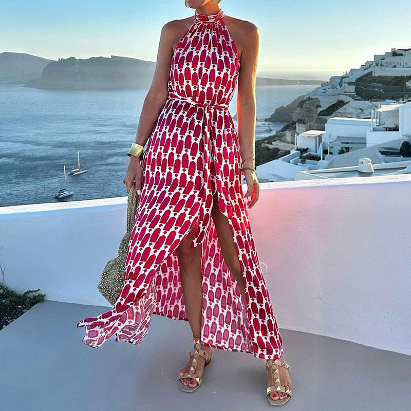 EMY | Zomerse Halter Maxi-Jurk Dames – Rood Printmodel met Split