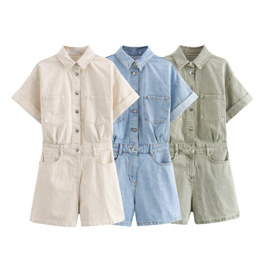DUNYA | Denim Look Korte Jumpsuit – Stoer & Comfortabel van Katoen