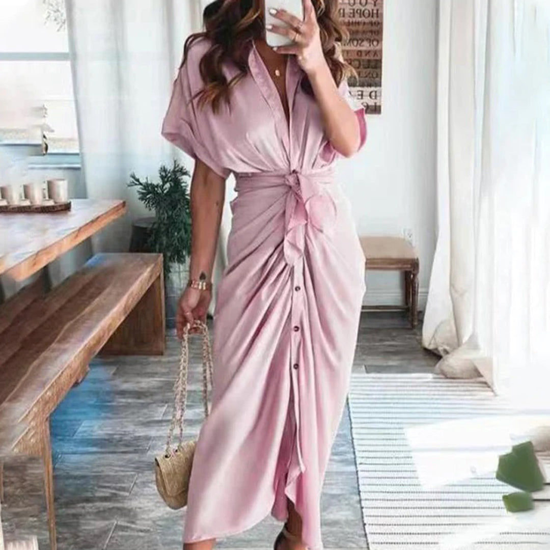 KIKI | Elegante Knoopjurk met V-Hals – Flatterende Drape & Zomers Comfort