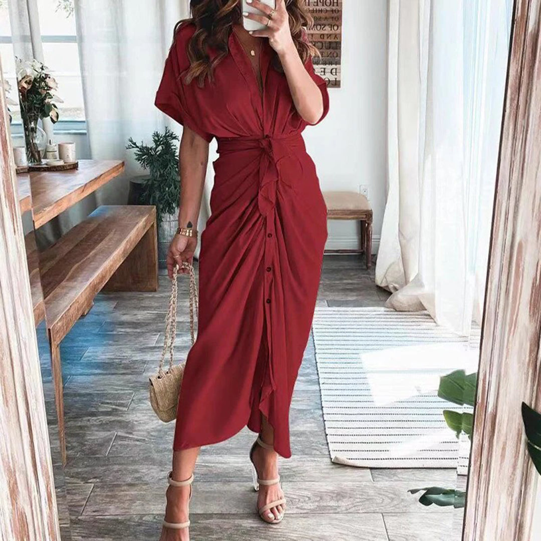 KIKI | Elegante Knoopjurk met V-Hals – Flatterende Drape & Zomers Comfort