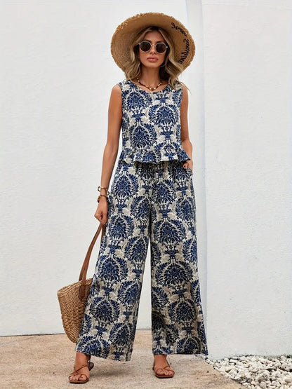 MAREN | Boho Co-Ord Set Dames – Luchtige Tweedelige Outfit met Blauw Witte Print