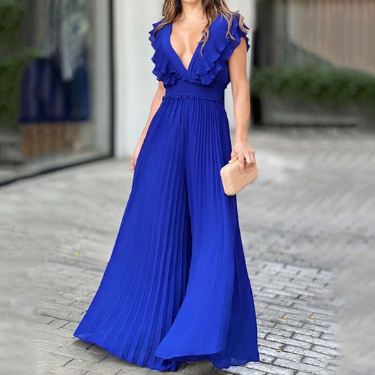 VIVE | Elegante Plissé Jumpsuit met Ruffles – Voor Feest, Zomer & Avondlook