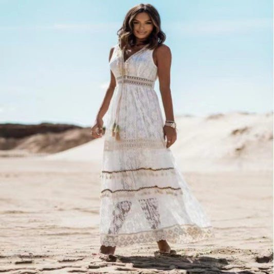 LOLA | Bohemian Witte Maxi Jurk met Kant – Luchtige Zomerjurk met Ibiza Vibe