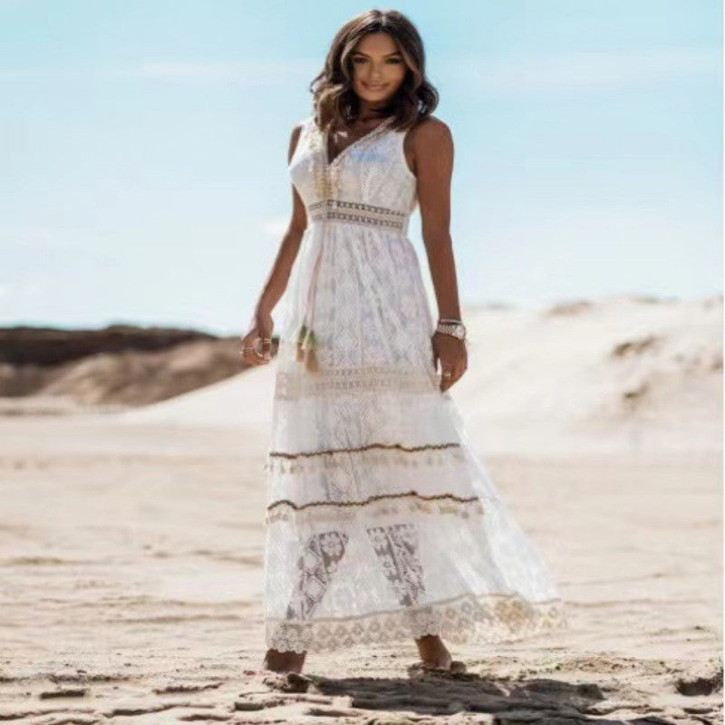 LOLA | Bohemian Witte Maxi Jurk met Kant – Luchtige Zomerjurk met Ibiza Vibe