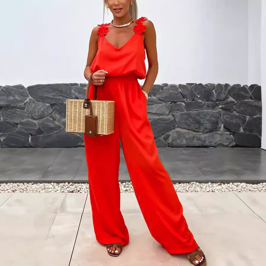 HIND | Dames Jumpsuit met Bloemdetail – Mouwloos & Wijde Pijpen