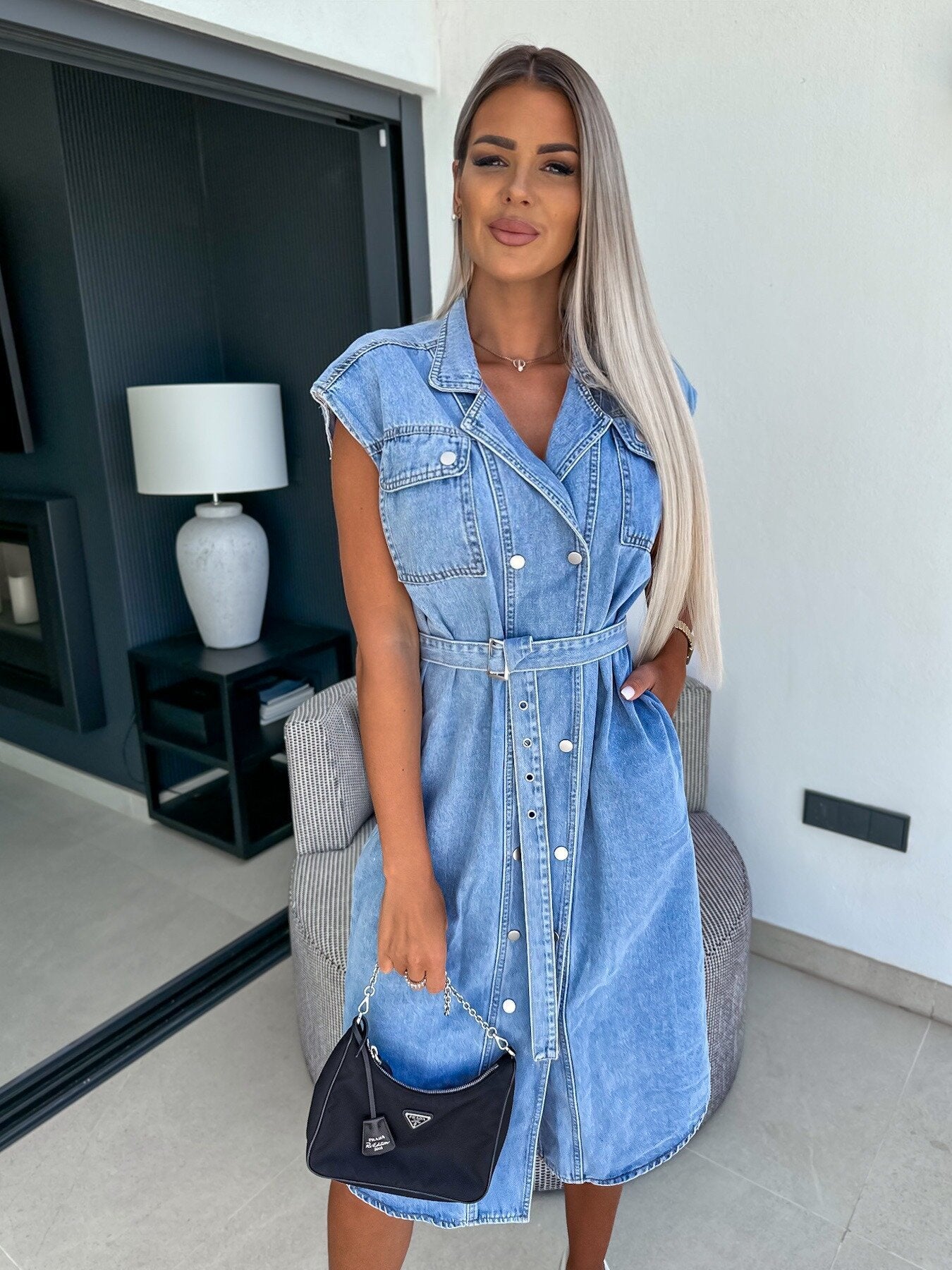 MOUNIA | Mouwloze Denim Jurk Dames met Knoopsluiting en Ceintuur – Katoenen Spijkerjurk