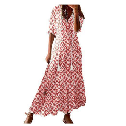 LIESE | Bohemian Maxi Jurk Dames – Zomerjurk met Print, V-Hals en Kwastjes