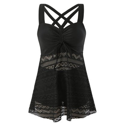 EVA | Elegante Tankini Jurk met Kant – Flatterend Badpak met Rokje en Gekruiste Rugbandjes