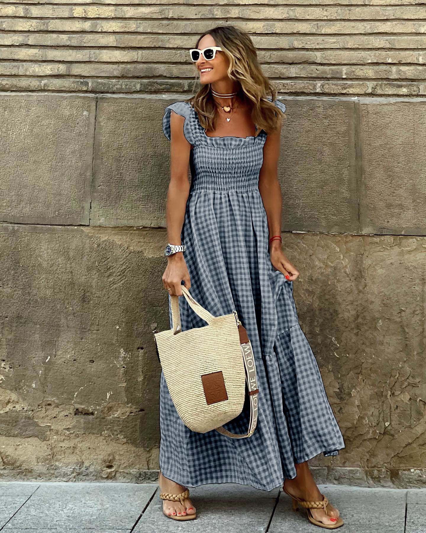 YNES | Geruite Maxi Jurk Dames - Zomerjurk met Ruches - Meerdere Kleuren