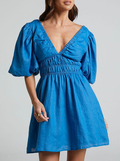 VICKY | Katoenen Zomerjurk Dames – Korte Jurk met Puffmouwen en V-Hals