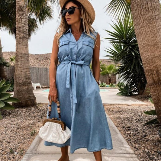 LOENA | Mouwloze Denim Jurk Dames met Strikceintuur – Katoenen Spijkerjurk
