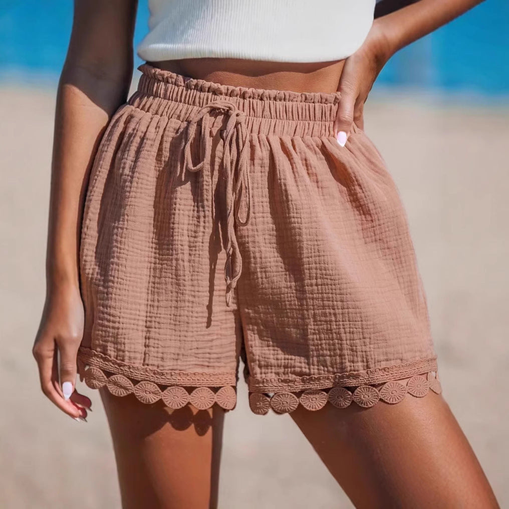 DIDE | Katoenen Short met Kanten Afwerking – Zomershort Dames met Strikband