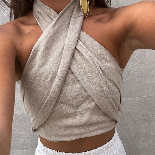 FLEURE | Linnen Crop Top met Kruisbanden - Boho Chic Crop Top Dames