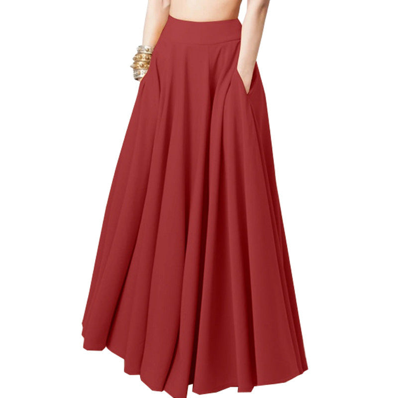 MARIA | Maxi Rok Dames met Hoge Taille, Zakken & Zwierige Plooi – Zomerrok in Zwart, Rood of Geel