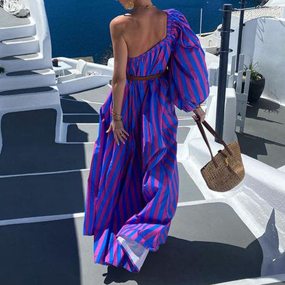 ROSELINE | One Shoulder Maxi Jurk – Stijlvolle Strepen & Zomerse Flair