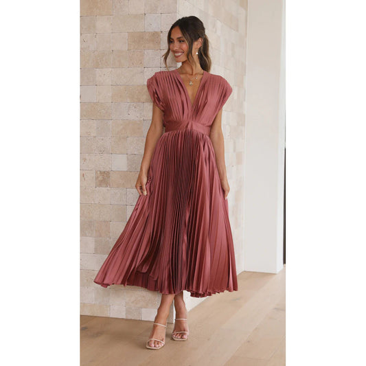 ELLEN | Plissé Midi Jurk met Diepe V-Hals – Elegante Avondjurk