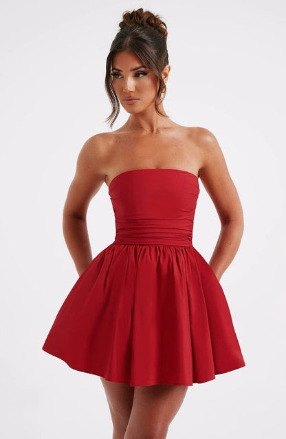 TINA | Strapless Cocktailjurk Dames – Korte Jurk Met Strikdetail en Uitlopende Rok