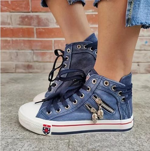 FREDERIQUE | High Top Denim Sneakers Dames met Skull Rits – Stoere Canvas Streetwear Schoenen