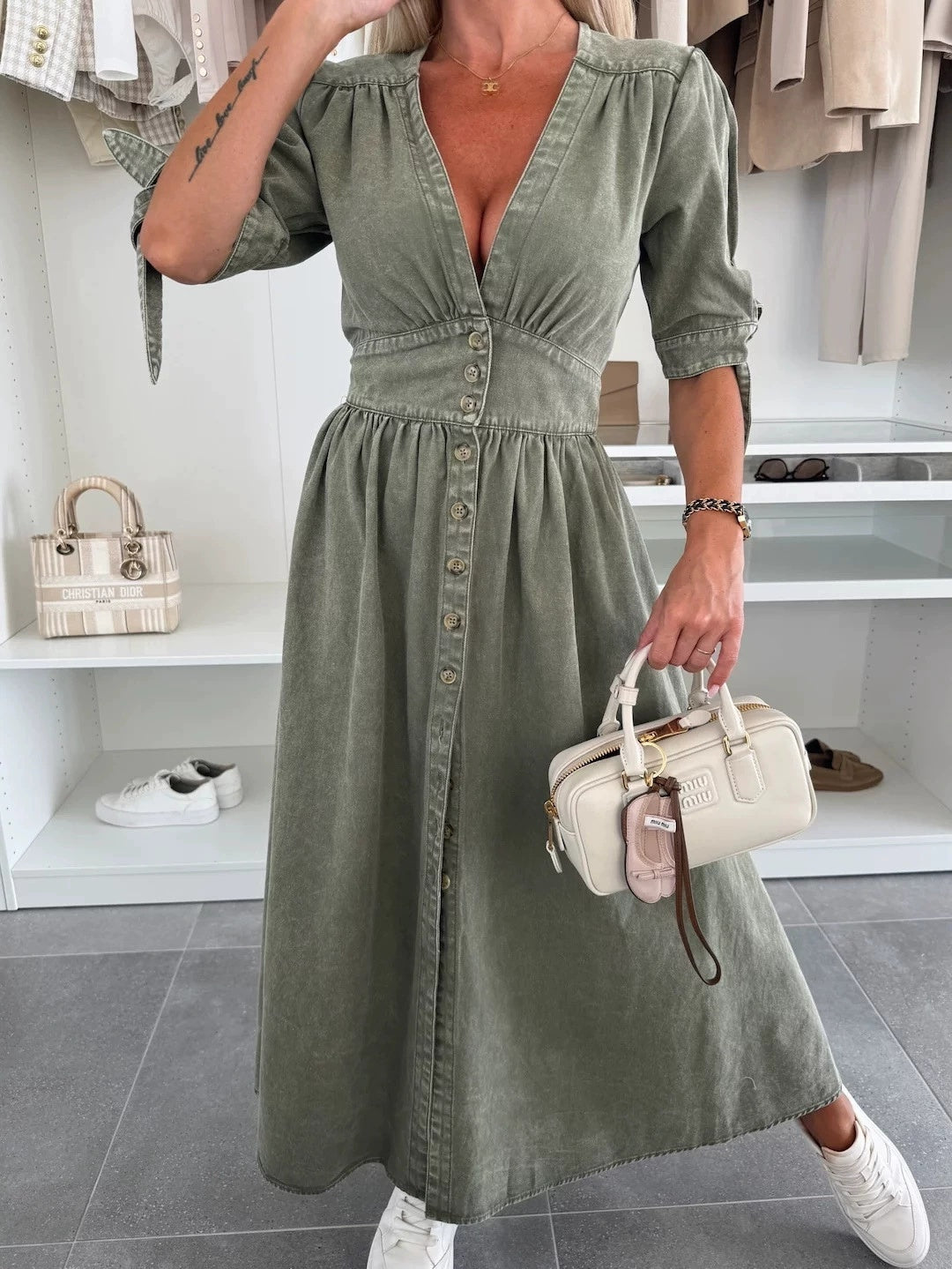 FELICIA | Denim Maxi Jurk – Casual Chic met Knopen & Strikmouwen