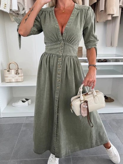 FELICIA | Denim Maxi Jurk – Casual Chic met Knopen & Strikmouwen