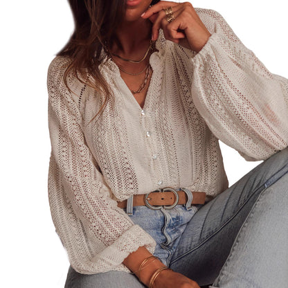 PARIS | Witte Gehaakte Blouse met Knoopsluiting – Boho Chic Stijl voor Elke Gelegenheid