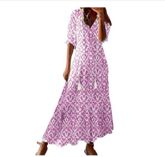 LIESE | Bohemian Maxi Jurk Dames – Zomerjurk met Print, V-Hals en Kwastjes