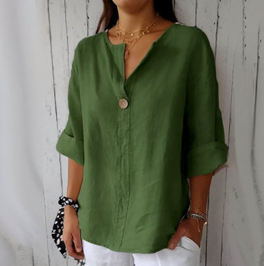 SILVIA | Linnen Blouse Dames met V-hals en Houten Knoop – Luchtige Zomer Top