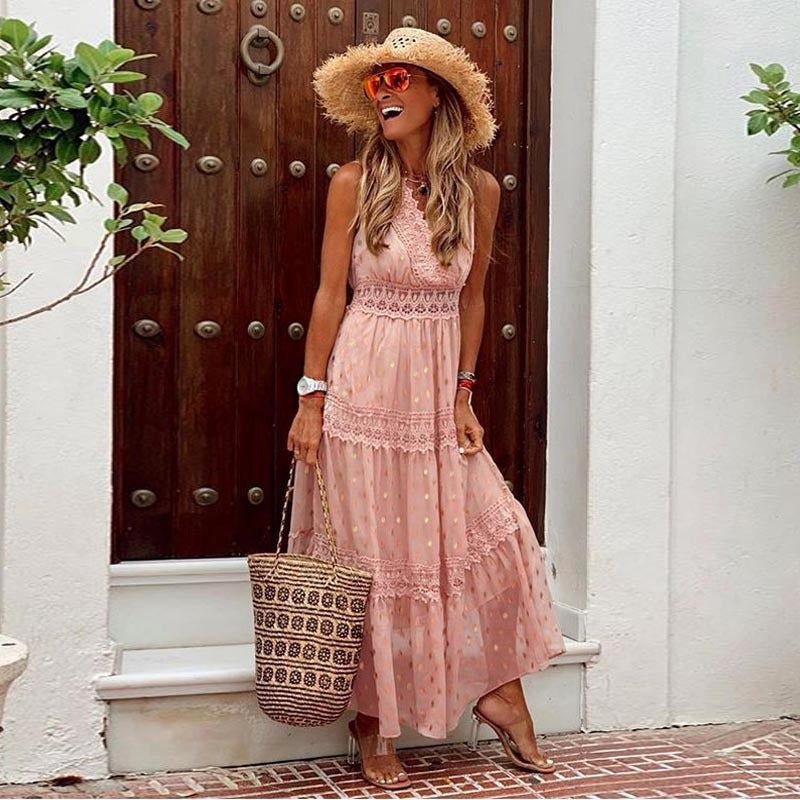 SHIRA | Zomerse Maxi Jurk Dames - Jurk met Kant en Stippen - Strandjurk
