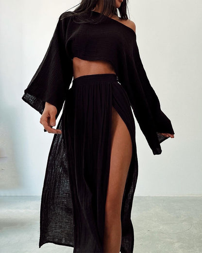 MANON | Off Shoulder Set met Maxi Split Rok – Zomerse Dames Co-ord Set