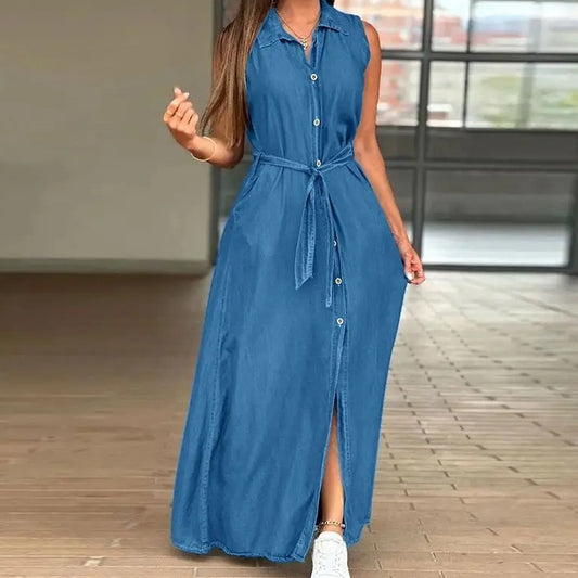 NICKY | Maxi Spijkerjurk Dames met Knoopsluiting en Ceintuur – Elegante Lange Denim Jurk