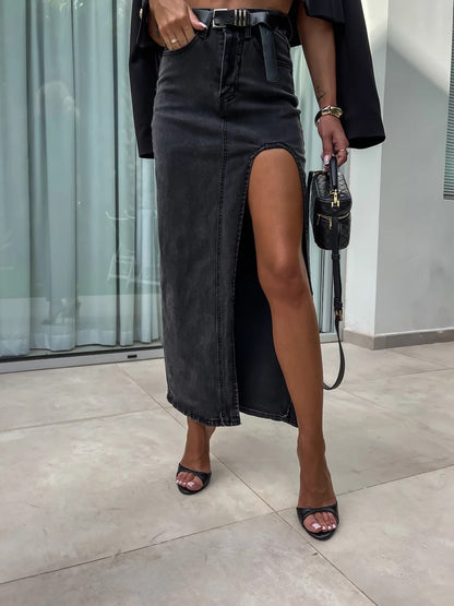 AMELIE | High Slit Denim Rok – Stijlvol & Verleidelijk