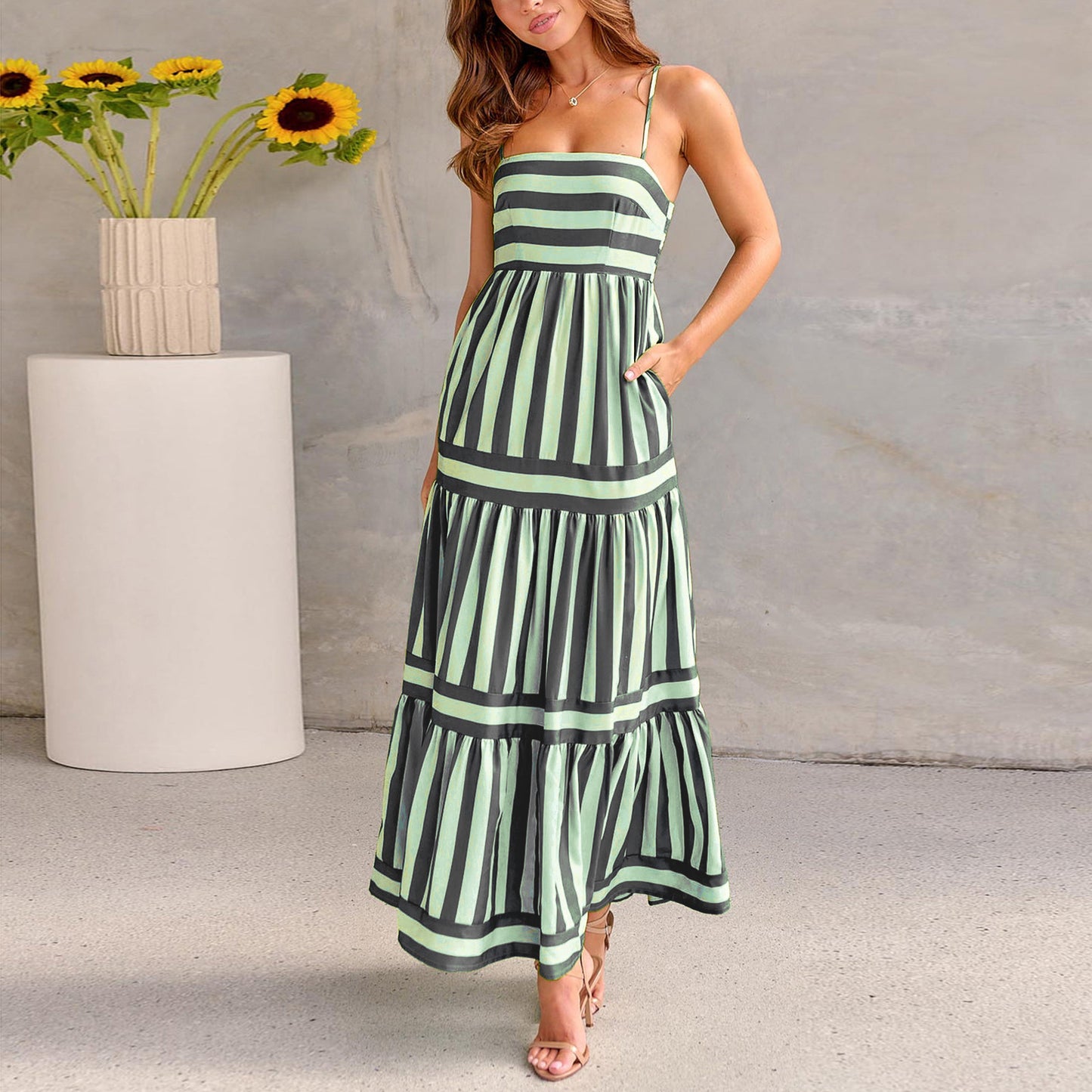 JO | Zomer Maxi Jurk met Stijlvolle Strepen – Spaghetti Straps