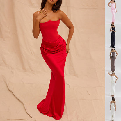 DIANA | Satijnen Strapless Avondjurk in Lichtroze – Corset Top & Drapé Details