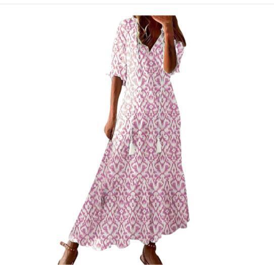LIESE | Bohemian Maxi Jurk Dames – Zomerjurk met Print, V-Hals en Kwastjes