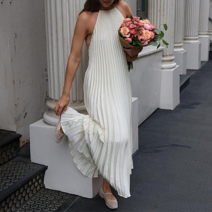 NOÉMIE | Halterjurk Dames – Plissé Maxi Jurk Elegant & Luchtig