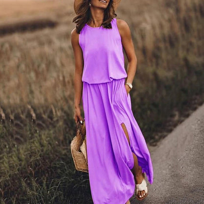 ZENDAYA | Mouwloze Maxi Jurk met Split – Casual Zomerjurk met Pockets