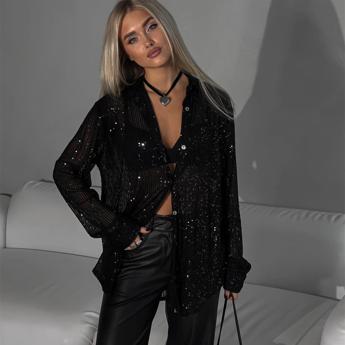 JELKE | Glitter Blouse met Pailletten – Partyproof in Zwart, Zilver & Apricot-Goud