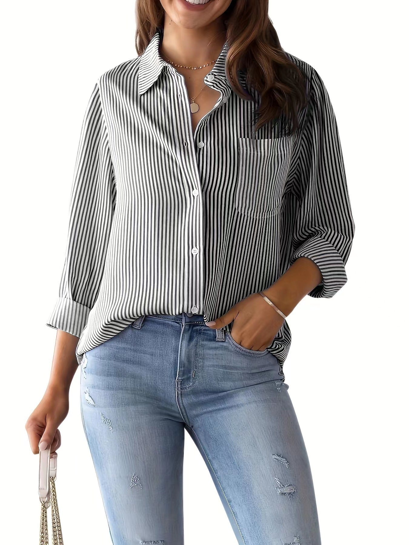ROSANNA | Gestreepte Blouse Dames – Zomerse Blouse met Knoop en Lange Mouwen