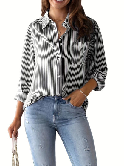 ROSANNA | Gestreepte Blouse Dames – Zomerse Blouse met Knoop en Lange Mouwen