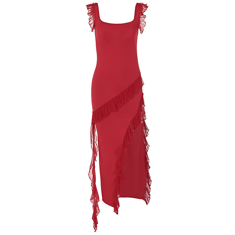 KATY | Ruffle Split Maxi Jurk – Speelse Elegantie met Ruches